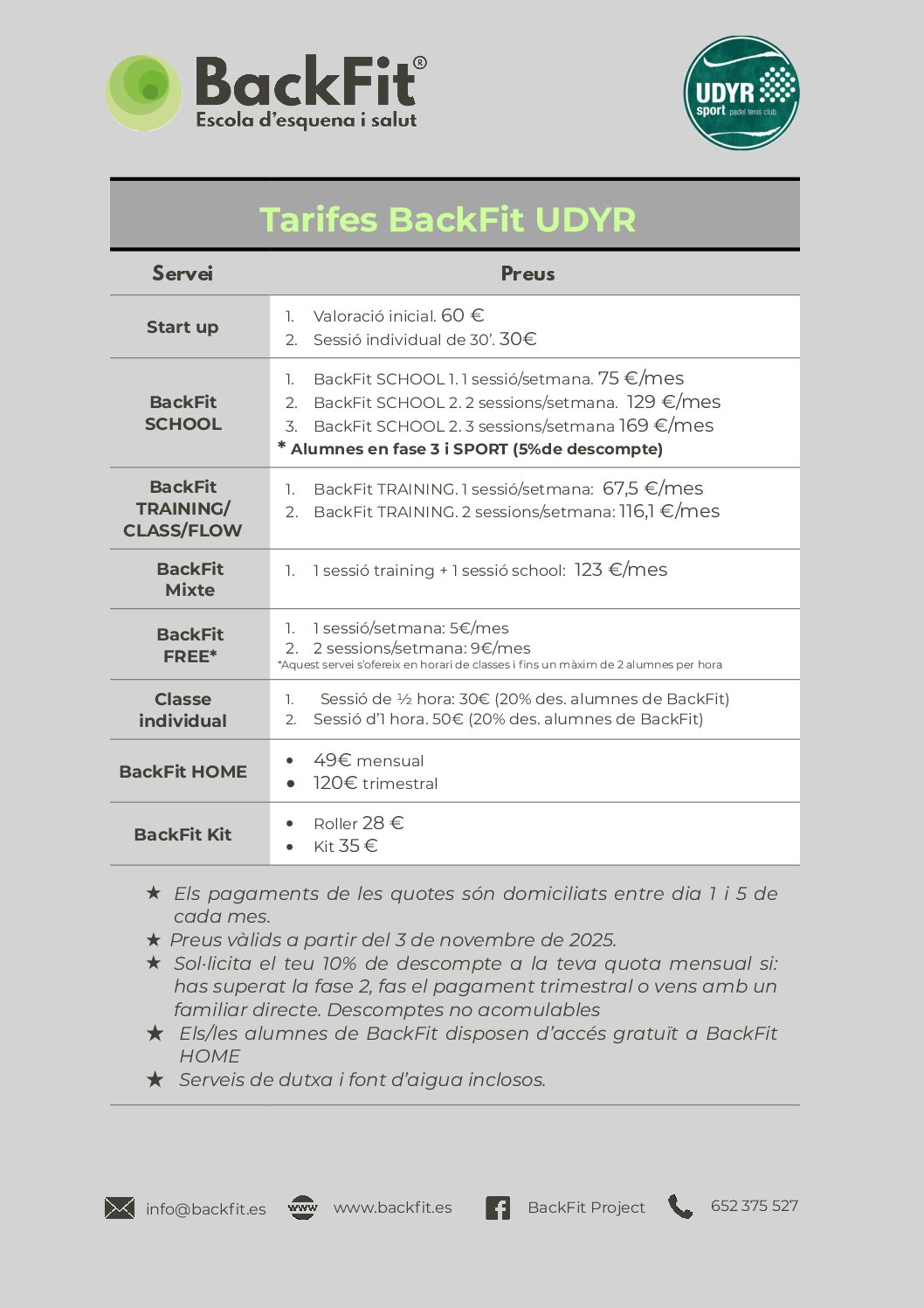 Tarifas detalladas de BackFit Marratxí, escuela de espalda, para sesiones de entrenador personal